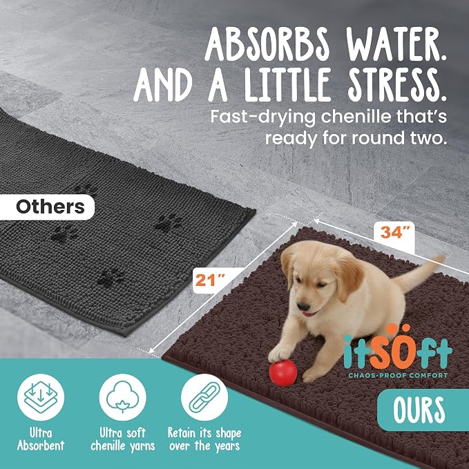 Dog Rugs for Muddy Paws 34x21 | Cleaner Mud Free Floors | Muddy Dogs Mats for Indoor, Dog Mat for Muddy Paws Door Mat Washable, Absorbent Chenille Mud Rug Paw Matt w/ Non Slip Backing, Chocolate Brown
