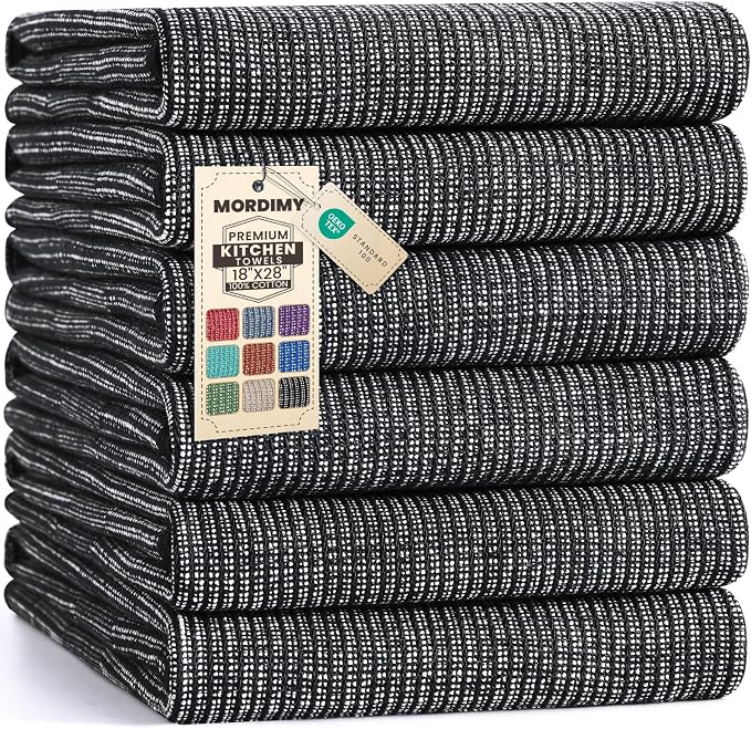 Mordimy Premium Kitchen Towels 6 Pack (18 x 28 Inches, Black), Large Cotton Kitchen Hand Towel, Flat & Terry Dish Towels for Drying Dishes, Super Absorbent Tea Dishtowels Set with Hanging Loop
