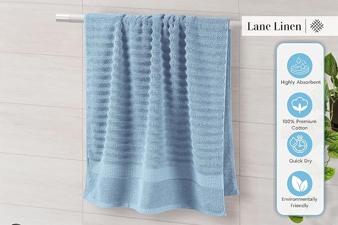 LANE LINEN Cotton Bath Towels Set of 6 - Exclusive Zero Twist - Softer, Quick Dry & Absorbent - 2 Bath, 2 Washcloths, 2 Hand Towels for Bathroom - Durable, Premium Quality & Ideal Gift for Him - Blue