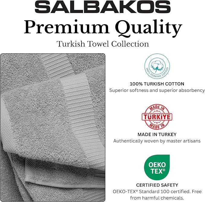 SALBAKOS 100% Turkish Cotton Bath Towel Set of 4, 27x54 inch | Premium Quality | Hotel & Spa Collection | Soft, Super Absorbent, Long Lasting Bath Towels | Made in Turkey (Silver, 4 Bath Towels)