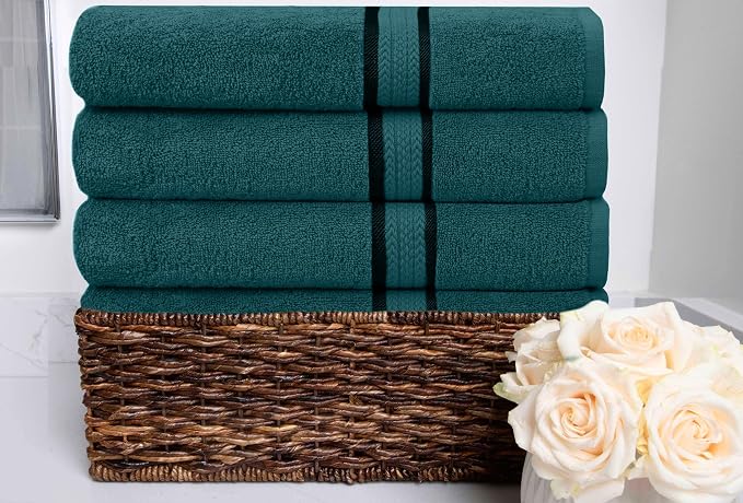 Cotton Craft Ultra Soft 4 Pack Oversized Extra Large Bath Towels 30x54 Teal Weighs 22 Ounces - 100% Pure Ringspun Cotton - Luxurious Rayon Trim - Ideal for Everyday use - Easy Care Machine wash