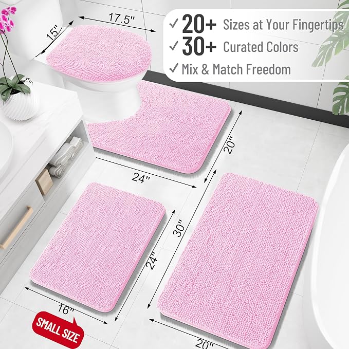OLANLY Toilet Rugs U-Shaped 20x20, Extra Soft Absorbent Chenille Contour Bathroom Rugs for Toilet, Dry Quickly, Machine Washable, Non-Slip Bath Mat, Pink