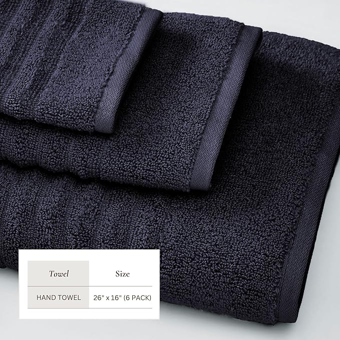 Great Bay Home 6 Pack Hand Towel Set - 100% Cotton Towels - Absorbent & Quick-Dry Towels for Bathroom (Navy Blue)