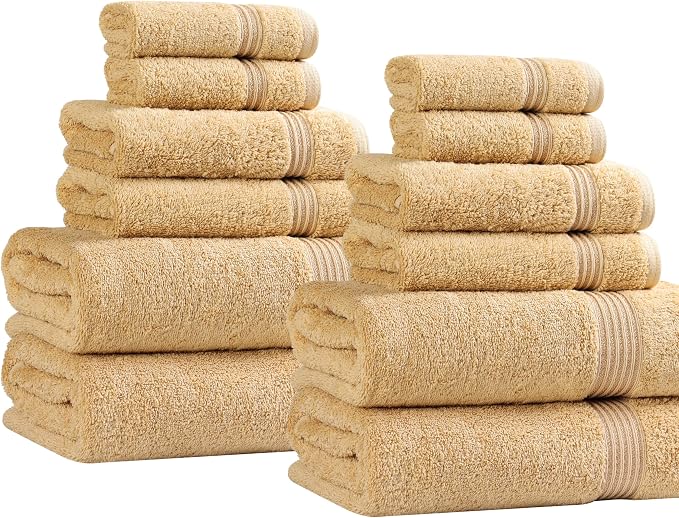 Superior Egyptian Cotton 12-Piece Towel Set, Assorted Towels for Home Bathroom, Guest Bath Decor Essentials, Includes 4 Bath, 4 Hand, 4 Face Towels/Washcloths, Quick Dry, Absorbent - Gold