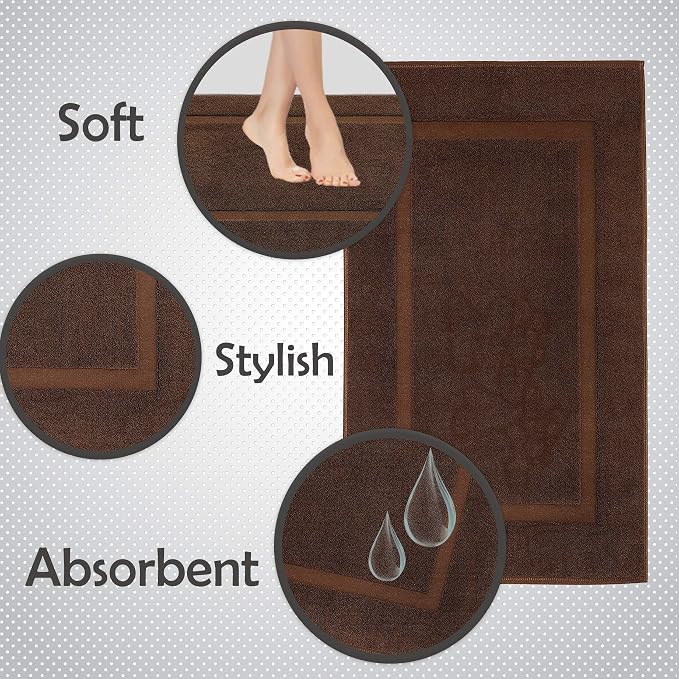100% Cotton Bath Mats for Bathroom Floor Set of 2 Pack, 20x34 Soft Absorbent Washable Quick Dry Tub Bathmat, Brown