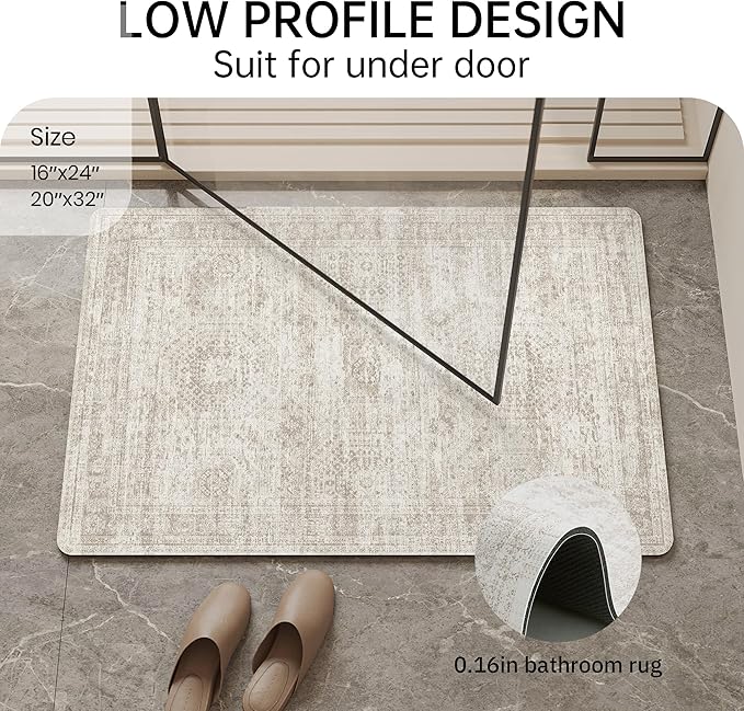Mecko Bath Mat, Ultra Absorbent Quick Dry Bathroom Floor Mats-Rubber Non-Slip Thin Bathroom Rug Fit Under Door, Faux Suede Surface Shower Rug for Bathtub, Sink, Shower Room(Beige/Brown,20"x32")