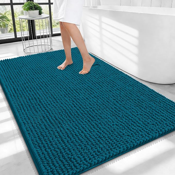 OLANLY Thick Large Bathroom Rugs 40x32, Extra Soft Absorbent Chenille Bath Rugs, Rubber Backing, Machine Wash Dry, Bath Mats for Bathroom Floor, Tub and Shower, Home Decor Accessories, Peacock Blue