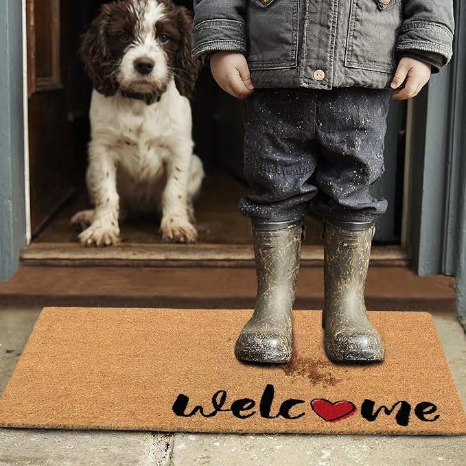 Croft&Cane Coco Coir Doormat - Welcome Doormat with Heart Accent - Non Slip Dirt Trapping Low Profile Indoor Outdoor Front Door Mat for Porch, Patio & Entryway - 17 x 30 Inches