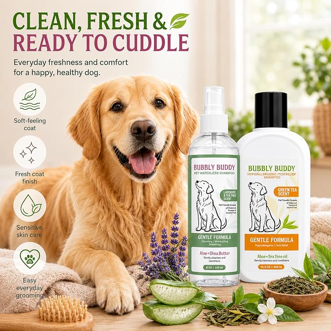 Dog Shampoo Set, Waterless Dog Shampoo Spray 8 oz Lavender & Tea Tree Scent + Hypoallergenic Itch Relief Shampoo 15.5 oz Green Tea Scent, No Rinse Dog Shampoo & Sensitive Skin Care Set