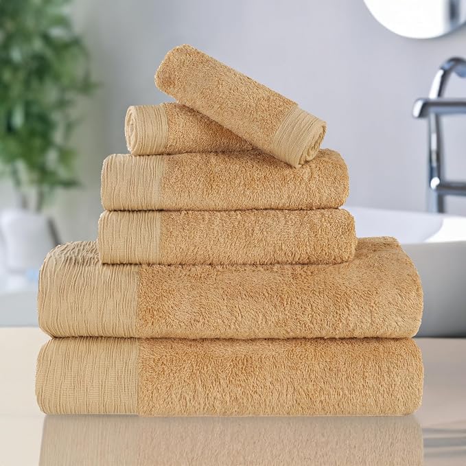Superior Rayon from Bamboo Blend 6-Piece Towel Set, Luxury Quick Dry, Bathroom Essentials, Shower, Spa, Plush Soft Absorbent Towels, Includes 2 Bath, 2 Hand, 2 Washcloth/Face Towels, Gold
