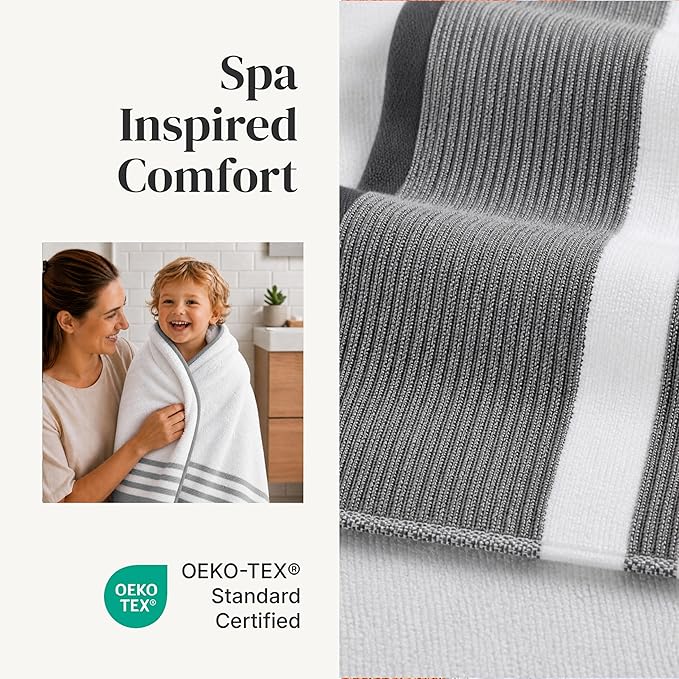 Modern Threads 6-Piece Towel Set – 100% Cotton, Quick Dry, Ultra Absorbent – Includes 2 Bath, 2 Hand, 2 Washcloths (White/Reinhart Charcoal)