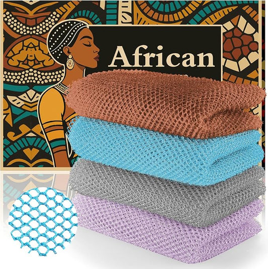 African Net Sponge (4-Pack) - Premium Exfoliating Body & Face Scrubber, Travel-Ready, Durable, Gentle Exfoliation Tool(Light Purple,Gray,Sky Blue,Brown)