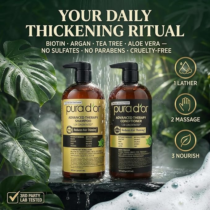 PURA D'OR Advanced Therapy Biotin Shampoo & Hair Regrowth Conditioner Set For Hair Thinning, CLINICALLY TESTED Effective Thickening Results, For Women & Men, Invigorating Forest Scent, 16oz x2