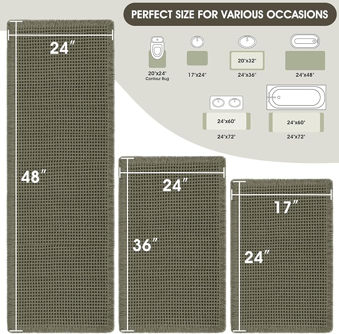 Upgraded Waffle Bath Mat Set 3 Piece Greyish Green, Super Absorbent Non-Slip Quick Dry Bathroom Rugs with Tassels, Machine Washable Ultra Soft Boho Bath Rugs for Floor, Bath Mats Boho Farmhouse Decor