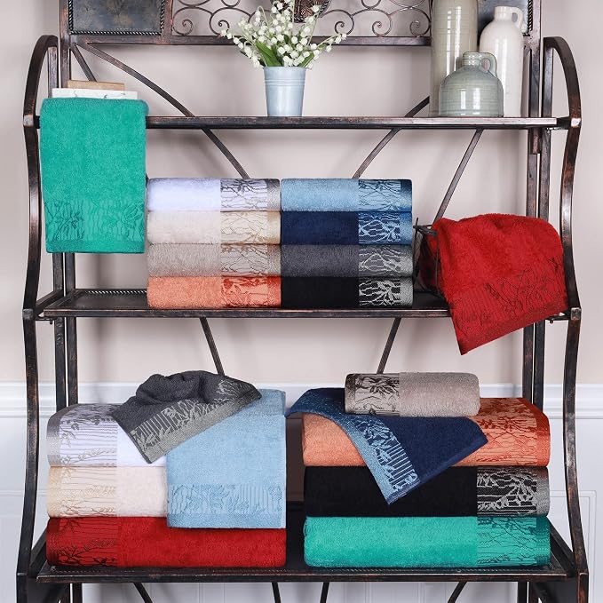 Superior Floral Jaquard Cotton Bathroom Towels, 6pc Towel Set, Navy Blue | Soft Absorbent Quick Dry Terry Weave, Hotel Quality, Wisteria Towels Includes 2 Bath Towels, 2 Hand Towels, 2 Washcloths