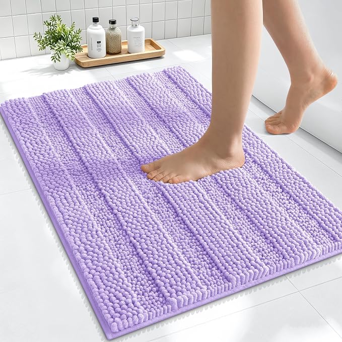 Smiry Thick Small Chenille Bathroom Rugs 24x16, Extra Soft Absorbent Striped Bath Mat, Machine Washable, Rubber Backing, Bath Rugs for Tub & Shower, Modern Home Decor Accessories, Lavender