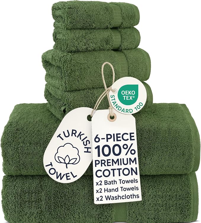 Chakir Turkish Linens 6 Piece Towel Set, 100% Cotton Turkish Towels for Bathroom, Luxury Soft Absorbent Bath Towel Set with 2 Bath Towels 2 Hand Towels 2 Washcloths, Moss