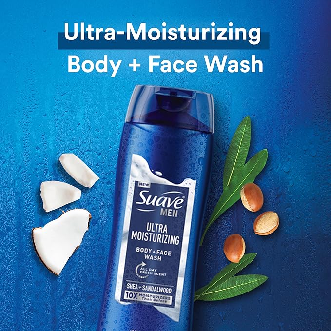 Suave Men Ultra Moisturizing Body & Face Wash, Shea & Sandlwood Scent, No Parabens, No Phtahaltes, 18 Oz Pack of 6