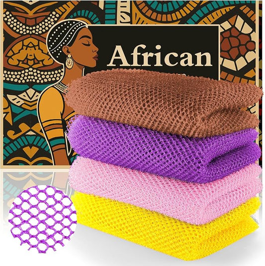African Net Sponge Set (4PCS) -Premium Exfoliating Bath Scrubber for Face/Body, Travel-Friendly, Durable & Soft Exfoliation(Yellow,Pink,Purple,Brown)