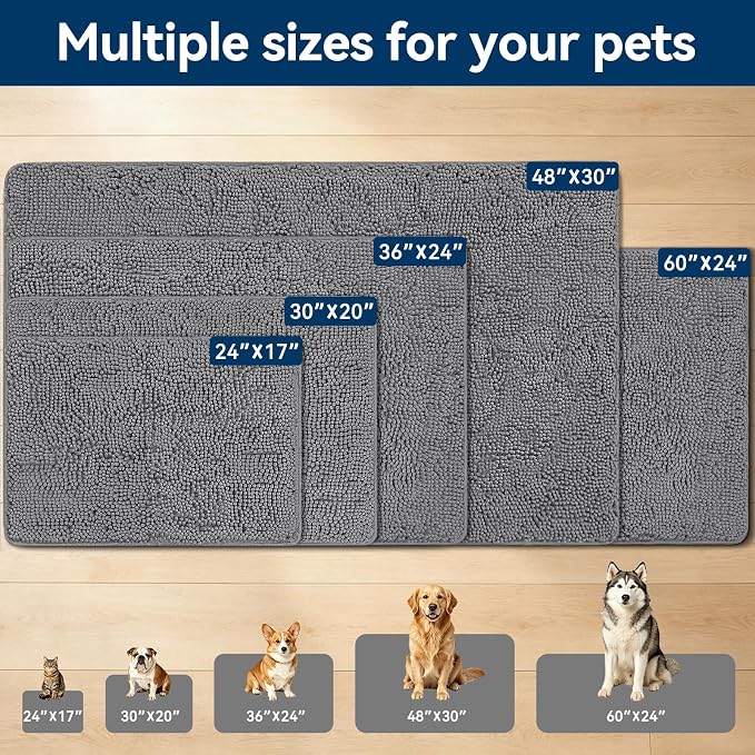 Bcoimo Quick Dry Chenille Doormat – Super Absorbent Non-Slip Entryway Rug for Inside Your Home, Machine Washable Dirt Trapper for Dogs with Muddy Paws (Grey 48×30 Inches