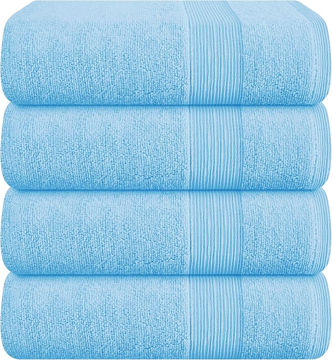 Belizzi Home 4 Pack Bath Towel Set 27x54, 100% Ring Spun Cotton, Ultra Soft Highly Absorbent Machine Washable Hotel Spa Quality Bath Towels for Bathroom, 4 Bath Towels - Light Blue