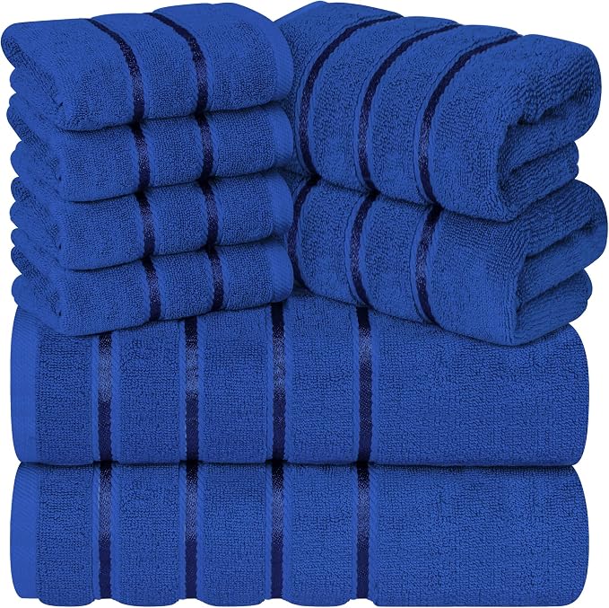 Luxury Towels for Bathroom Set of 8-2 Bath Towels 2 Hand Towels 4 Washcloths - 600 GSM 100% Cotton Ring Spun Viscose Border Towels Set - Royal Blue