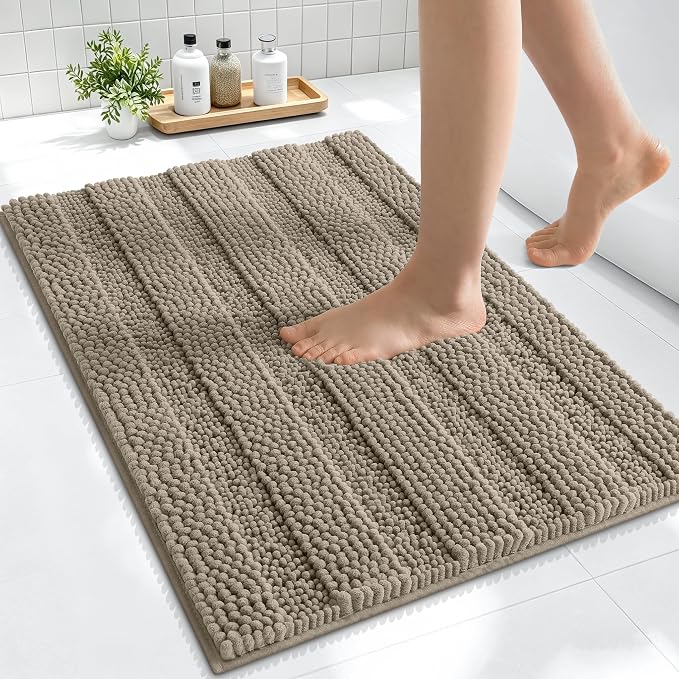 Smiry Thick Small Chenille Bathroom Rugs 24x16, Extra Soft Absorbent Striped Bath Mat, Machine Washable, Rubber Backing, Bath Rugs for Bathroom, Tub & Shower, Home Decor Accessories, Warm Taupe