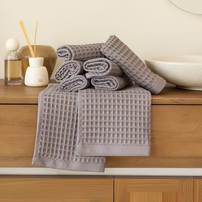 Waffle Washcloths Set of 8 Gray - Premium Quality 100% Turkish Cotton Face Washcloth, Soft Makeup Towel, Shower Cloth, Kitchen Towel (Gray, Set of 8 Washcloths)
