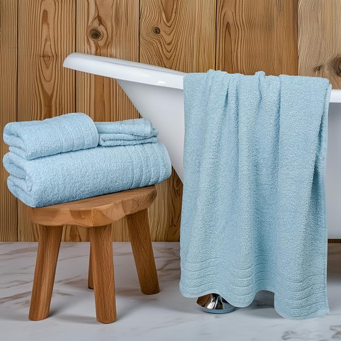 Tens Towels Pack of 8 Towels Set, 2 Extra Large Bath, 2 Hand, 4 Washcloths, 100% Cotton, Lighter Weight, Quicker to Dry, Super Absorbent, Perfect for Bathroom, Sky Blue