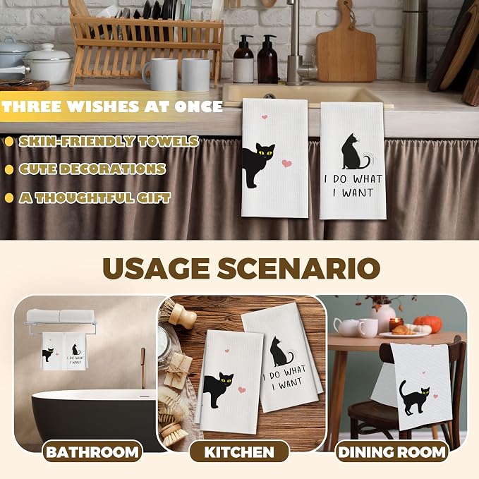 Kitchen Towels Set of 2, Black Cat Dish Towel for Kitchen, Decorative Hand Towels for Bathroom, Fast Drying Tea Towel with Funny Sayings, Housewarming Gifts for Cat Lover Women Mom -B05