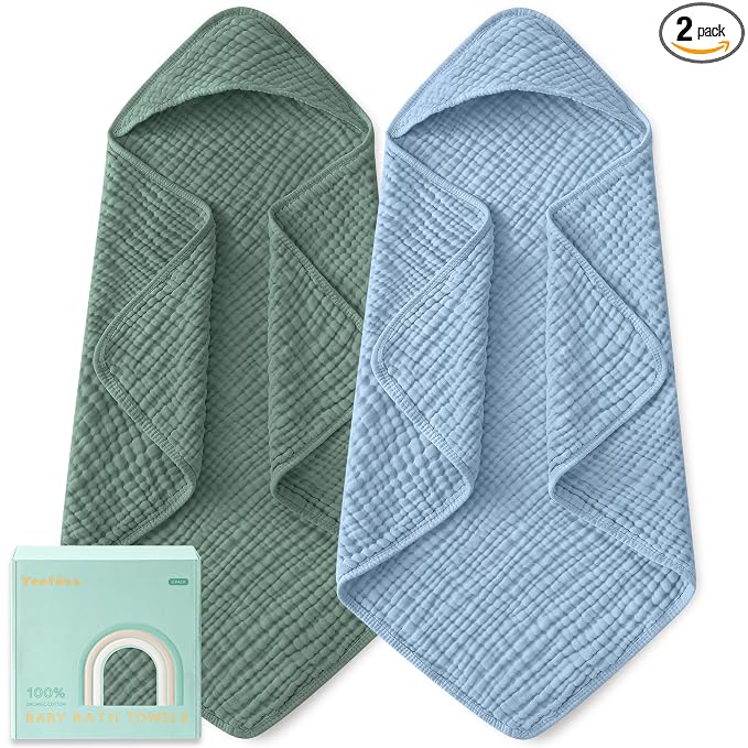 Yoofoss Hooded Baby Towels for Newborn 2 Pack 100% Muslin Organic Cotton Baby Bath Towel with Hood for Babies, Infant, Toddler and Kids, Large 32x32Inch, Soft and Absorbent Newborn Essential