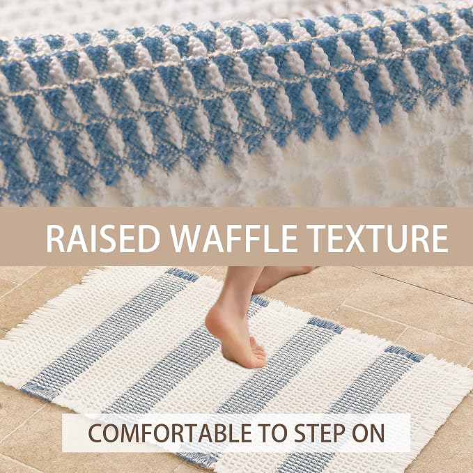 Waffle Bath Mat Non Slip, Boho Bathroom Rug, Super Absorbent Quick Dry Bathroom Mat, Soft Farmhouse Bath Rug with Tassels, Small Washable Shower Mats for Floor 20"x32", White and Blue