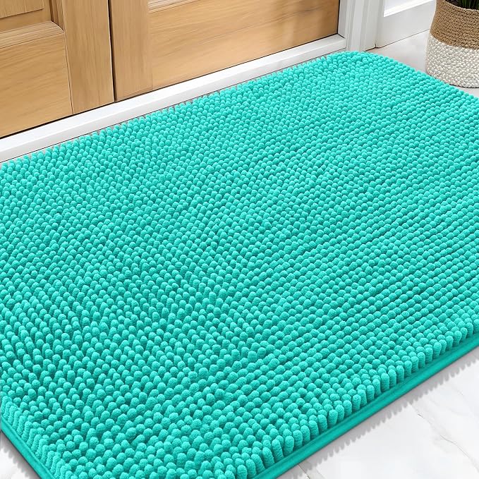 OLANLY Dog Door Mat for Muddy Paws 34x21, Absorbs Moisture and Dirt, Absorbent Non-Slip Washable Doormat, Quick Dry Chenille Mud Mat for Dogs, Entry Indoor Entryway Carpet for Inside Floor, Teal