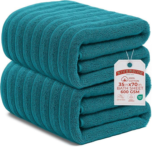 RIVERSIDE Pack of 2 Extra Large Bath Sheet Towels, 35 x 70 Inches, 600 GSM, Ribbed Stripe, 100% Cotton - Super Soft, Highly Absorbent & Quick Dry for Bathroom, Spa & Hotel, Teal
