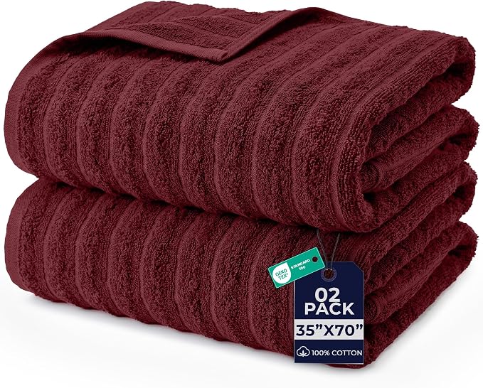 DAN RIVER Pack of 2 Bath Sheet 35x70 Inches, Ribbed Jumbo Bath Towels, Soft and Absorbent Extra Large Towels - Pomegranate