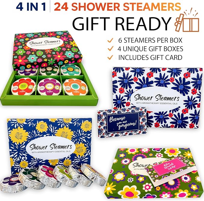 Shower Steamers for Women Gift Set, 24pc Shower Bombs Aromatherapy Gift Set w/Organic Essential Oils. Shower Melts, Bath Bombs for Shower, Birthday Gifts, Individually Wrapped & 4 Boxes of Pack of 6