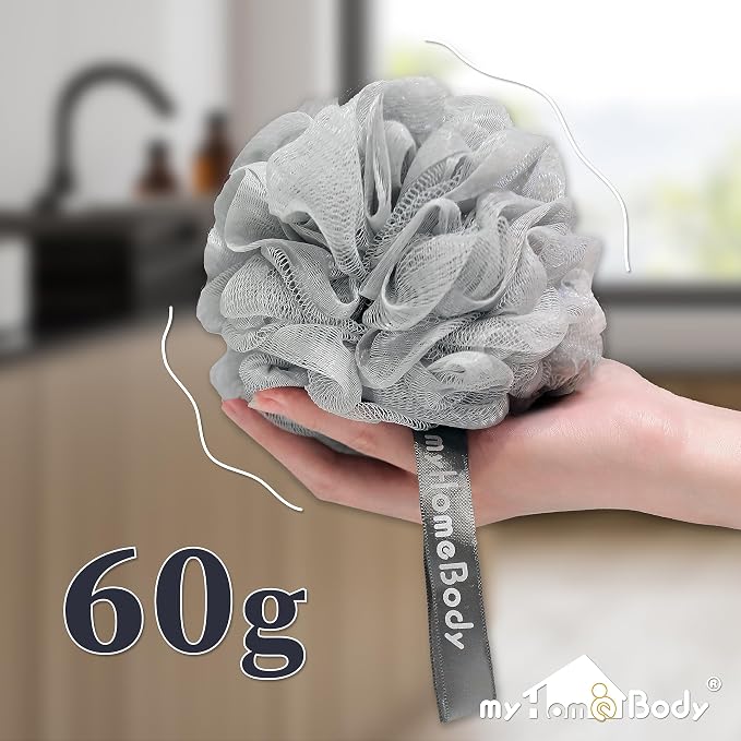 myHomeBody 60g Loofah Sponge, Body Scrubber, Bath Sponge, Loofah for Women, Men, Exfoliating Sponge Shower Pouf with Activated Charcoal - 2 Fog Gray + 1 Midnight Blue, 3 Pack