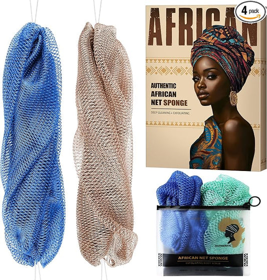 Authentic African Net Sponge with Knots - Afro Scrubber Bath Loofah Exfoliating Net Sponge for Shower - 4 Pack African Bath Sponges Exfoliator for Most Skin Types Back Scrub Washer Accessories