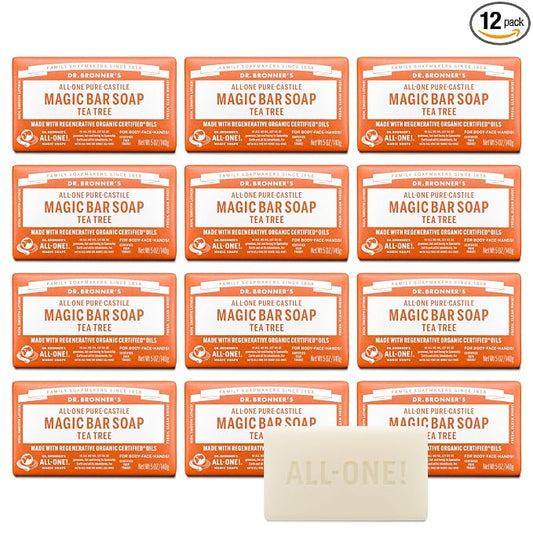 Dr. Bronner's Pure-Castile Magic Bar Soap - Tea Tree, Made with Regenerative Organic Certified Oils, For Face, Body & Hair, Gentle, Vegan, Non-GMO (5oz, 12-Pack)