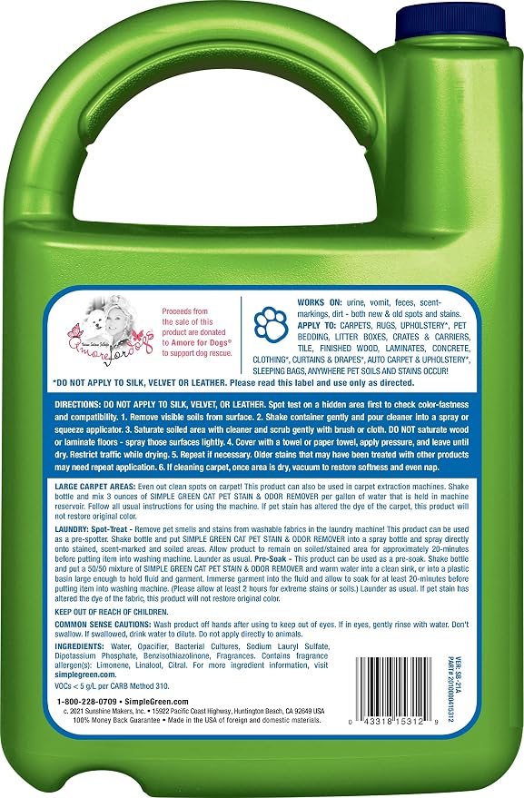 Simple Green Cat Stain & Odor Remover - Enzyme Cleaner for Cat Urine, Feces, Blood, Vomit (1 Gallon Refill) (Pack of 2)