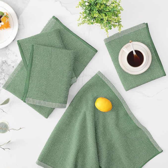 Mordimy Premium Kitchen Towels 6 Pack (18 x 28 Inches, Grass Green), Large Cotton Kitchen Hand Towel, Flat & Terry Dish Towels for Drying Dishes, Super Absorbent Tea Dishtowels Set with Hanging Loop