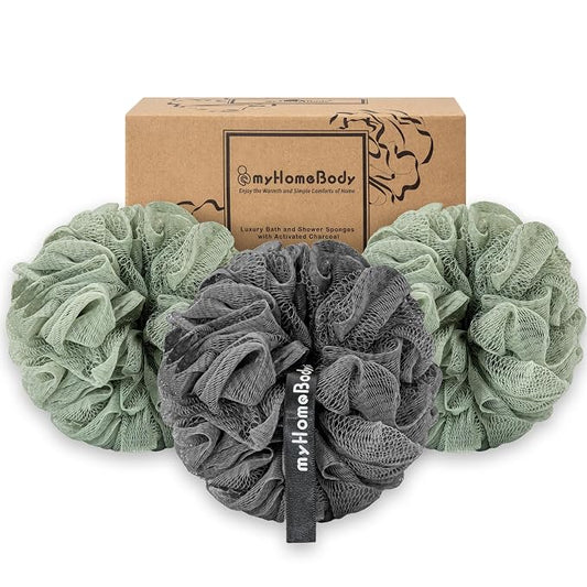 myHomeBody Large 70g Loofah Sponge, Body Scrubber, Bath Sponge, Loofah for Women, Men, Exfoliating Sponge Shower Pouf with Activated Charcoal - 3 Pack, 2 Sage Green + 1 Graphite Gray