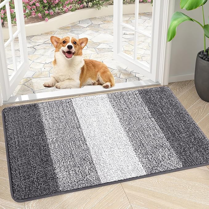Smiry Dog Door Mat for Muddy Paws, Absorbs Moisture and Dirt, Low-Profile Entryway Mat with Non-Slip Backing, Entry Indoor Outdoor Doormat for Inside Floor (34x21 Inches, Light Grey, Striped)
