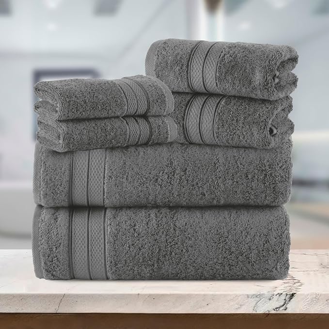 Elegant Comfort Luxury 6-Piece Towel Set, Premium Soft 100% Turkish Cotton, Three Line Popcorn Design 2 Bath Towels, 2 Hand Towels and 2 Washcloths Towel Set- Quick-Drying and Absorbent, Charcoal Gray