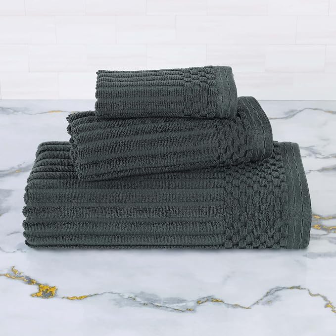 Superior 3 Piece Cotton Towel Set, Includes 1 Bath Towel, 1 Hand Towel, 1 Face Towel/Washcloth, Daily Use for Bathroom, Guest Bath, Quick Dry, Ribbed, Absorbent, Essentials, Soho Collection, Pine