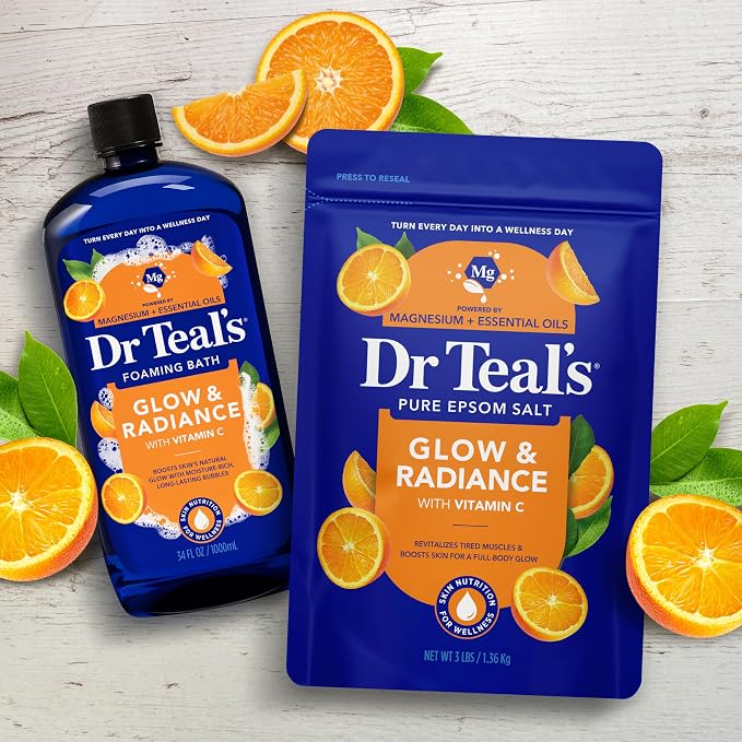Dr Teal's Epsom Salt Magnesium Soak, Glow & Radiance with Vitamin C & Citrus Essential Oils, 3 lbs (Pack of 4)