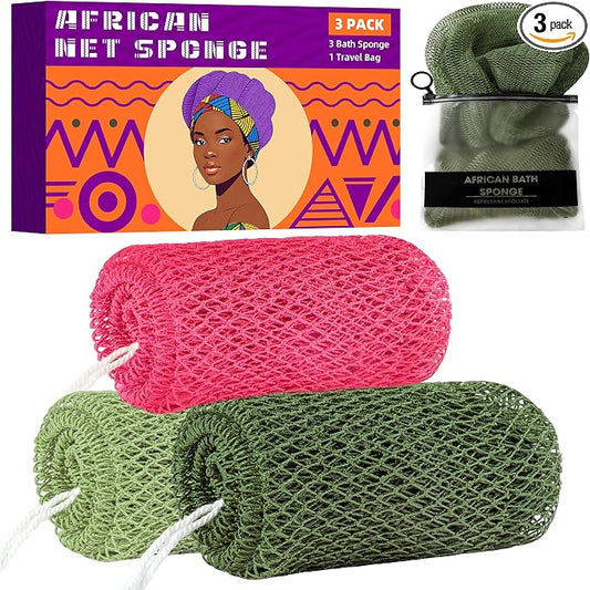 African Net Sponge Authentic, 3 Pieces Exfoliating Scrubber Bath Sponge for All Skin Types, Back Scrubber Loofah Washcloth for Shower, Gentle Exfoliation (Dark Green,Light Green,Pink)