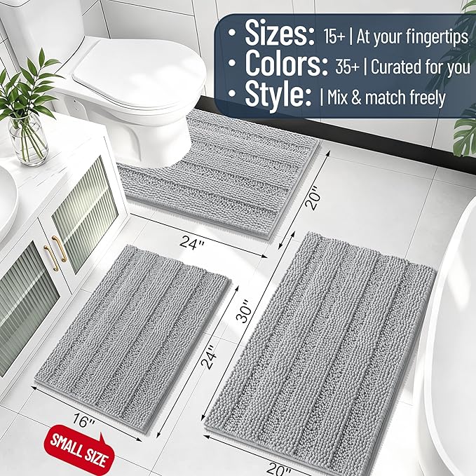 Smiry Thick Chenille Toilet Rugs U-Shaped 24x20, Extra Soft Absorbent Striped Contour Bathroom Rugs, Machine Washable, Dry Quickly, Bath Mat, Light Grey