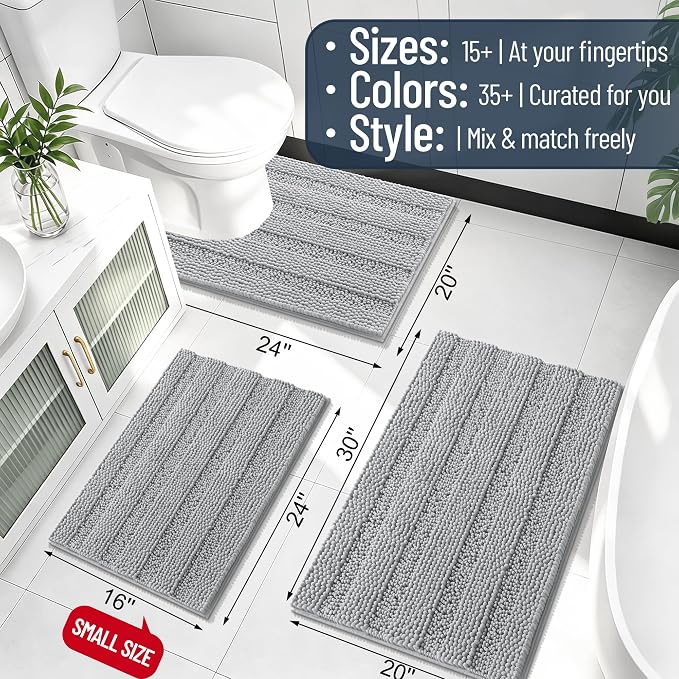 Smiry Thick Chenille Bathroom Runner Rugs 47x17, Extra Absorbent Striped Bath Mat, Machine Washable, Rubber Backing, Long Bath Rugs for Tub & Shower, Modern Home Decor Accessories, Light Grey