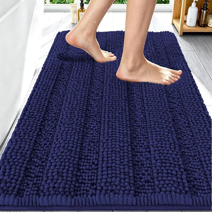 Smiry Thick Chenille Bathroom Rugs 30x20, Extra Absorbent Striped Bath Mat, Machine Washable, Rubber Backing, Bath Rugs for Bathroom, Tub & Shower, Home Decor Accessories, Twilight Sapphire